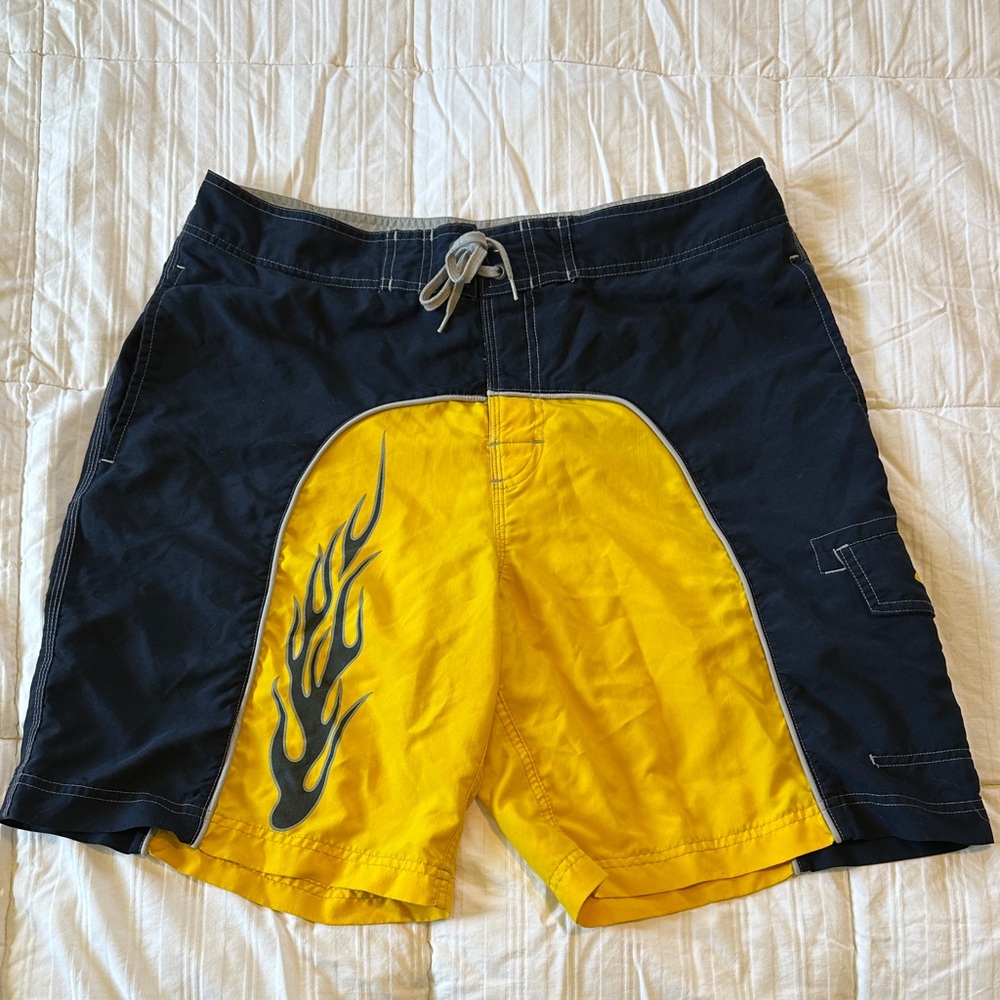 No Boundaries Navy & Yellow Flame Swim Board Shorts